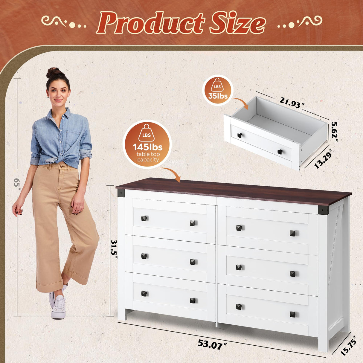 WLIVE Farmhouse 6 Drawer Dresser for Bedroom, 53.07'' Wide Wood Dresser, White Dressers Storage Organizer with Double Rustic Handle, TV Stand for 60 inch TV, Chest of Drawers for Living Room, Hallway WLIVE