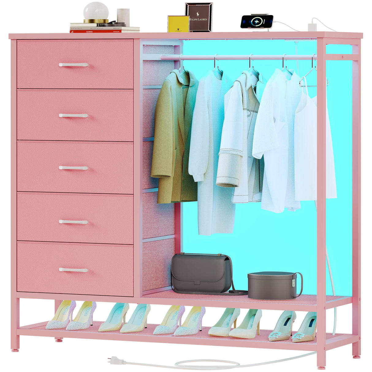 Dresser for Bedroom, Dresser with Hanging Rack Led Lights and Charging Station, Tall Dresser with 5 Fabric Chest of Drawers with PU Finish Storage Organizer, for Living Room Kids Room Closet, Pink SOOWERY