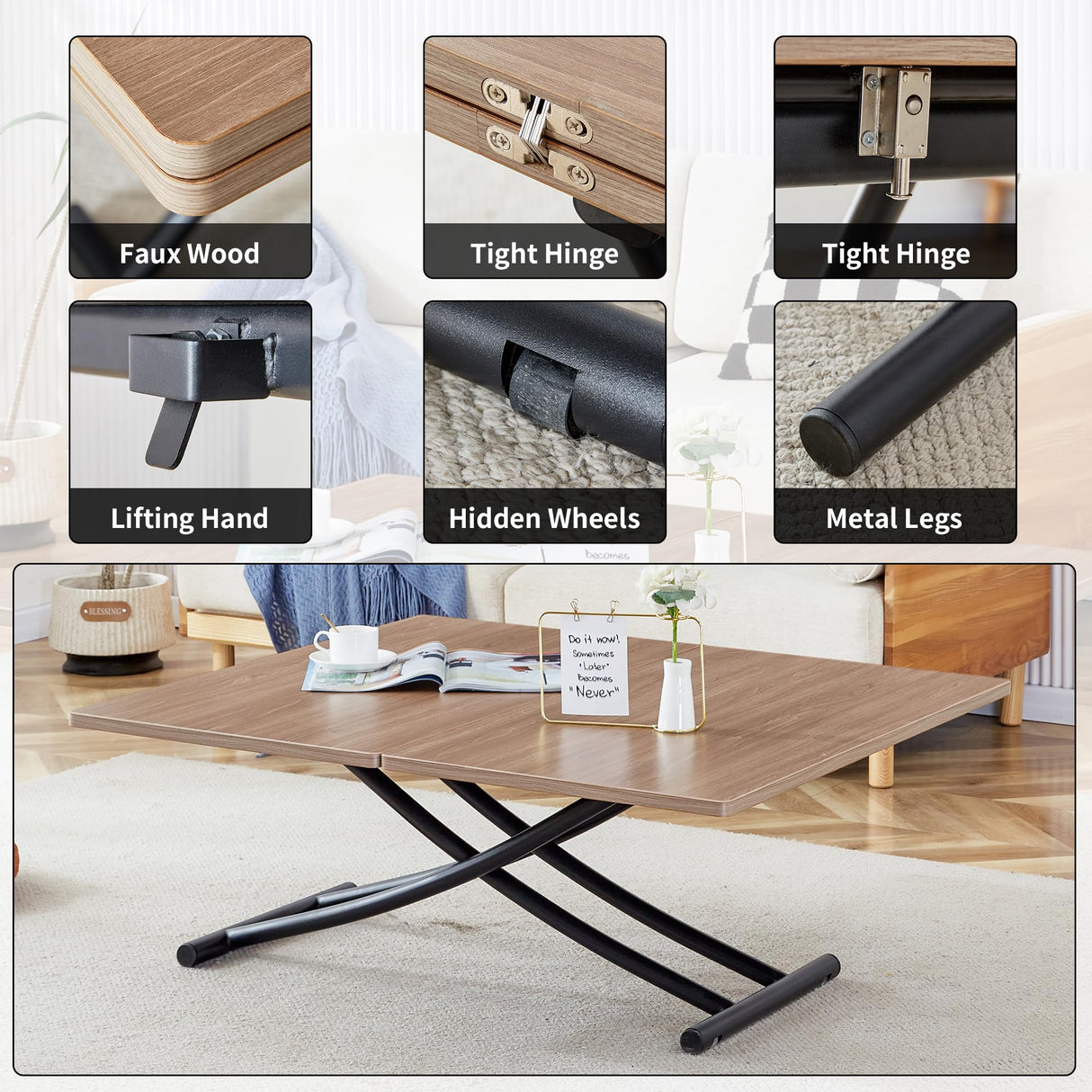 Multifunctional Folding Table, Lift Top Coffee Table Convertible to Dining Table, Height Adjustable Wooden Dinner Table with Metal Legs, Modern for Small Spaces Dining/Living Room/Kitchen EXVQMU