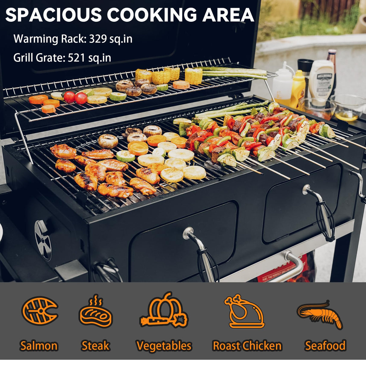 Onlyfire Extra Large BBQ Charcoal Grill with Large Cooking Grate and Warming Rack, Outdoor Barbecue Grill with Dual-Zone Adjustable Charcoal Tray and 2 Foldable Side Table, Black GS339-A ONLYFIRE GRILLS