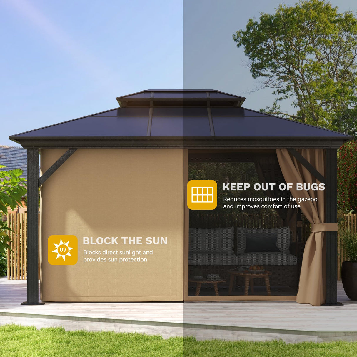 DWVO 10x12ft Hardtop Gazebo Double Roof Polycarbonate Canopy Outdoor with Netting and Shaded Curtains, Aluminum Frame Garden Tent for Patio, Backyard, Deck and Lawns, Brown DWVO