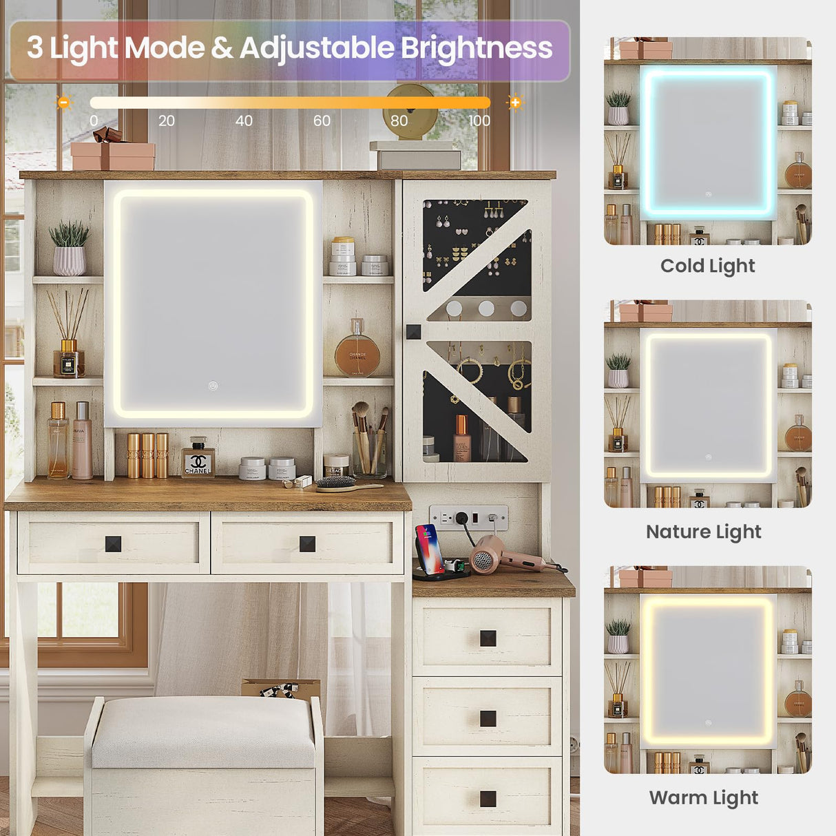 AOGLLATI Farmhouse Vanity Desk with Mirror and Lights, Makeup Vanity Set with Lights & Jewelry Cabinet & 5 Drawers, Vanity Table with Charging Station, Hidden Storage Space for Bedroom, Antique White AOGLLATI