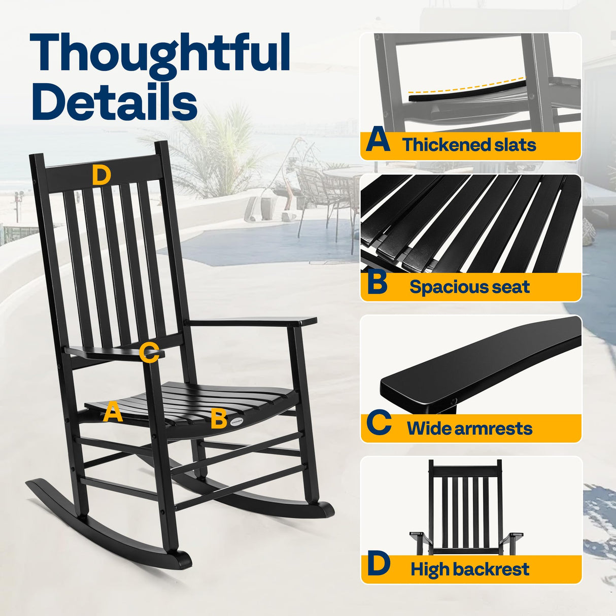 VIVOHOME Oversized Wooden Rocking Chair with Anti-Slip Strips for Noise Reduction, Suitable for Indoor, Porch, Garden, Black VIVOHOME