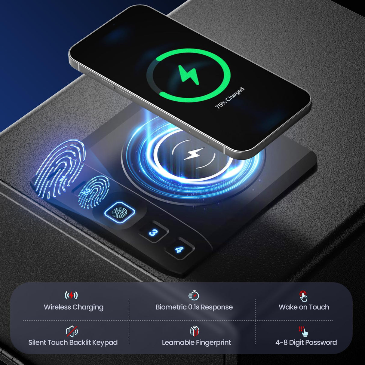 Grimtron Biometric Gun Safe for Handgun with Wireless Charging,Pistol Safe Quick Access Auto Open, Silent Mode and Adapter Nightstand Pistol-Safe up to 4 pstols (Black) Grimtron