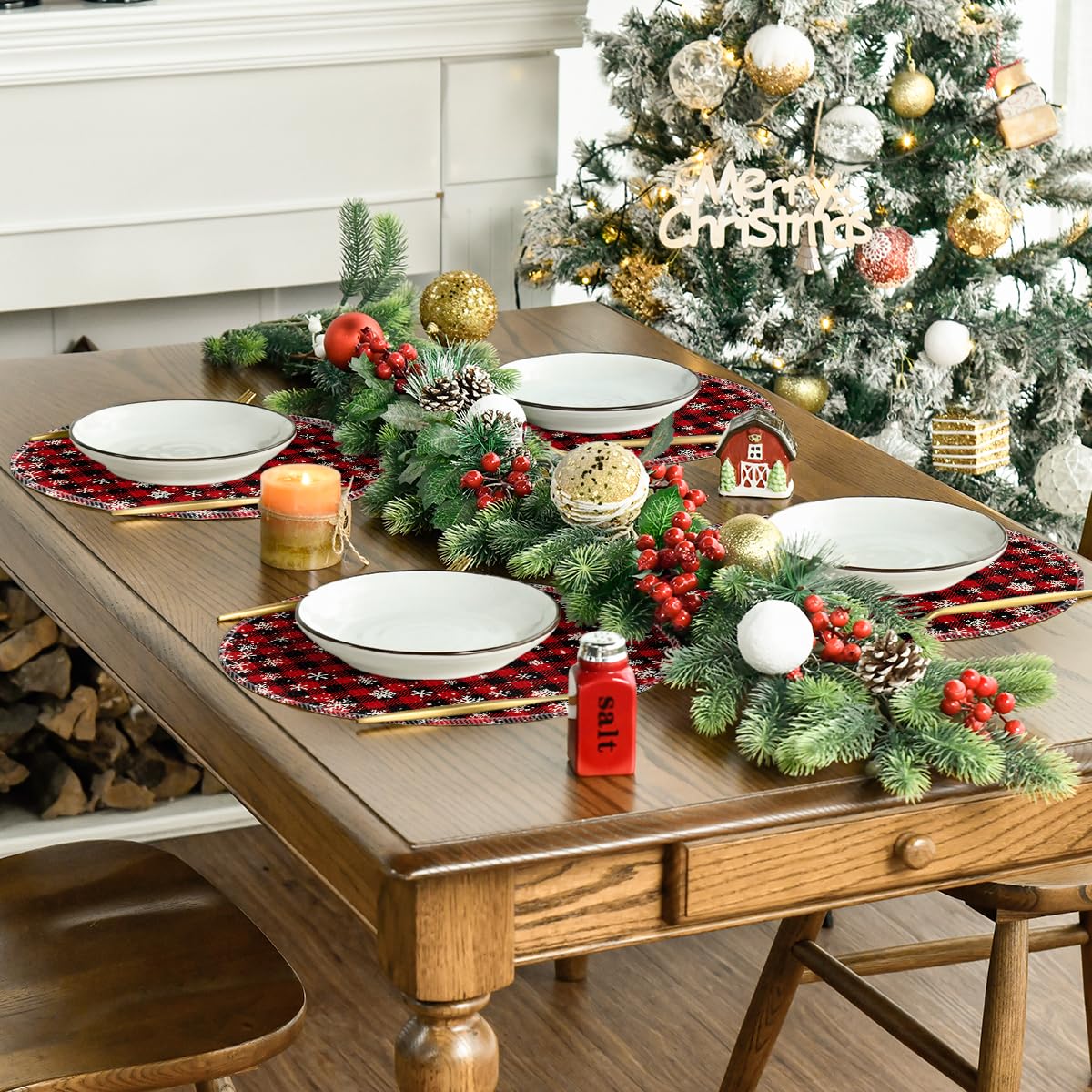 Artoid Mode Red and Black Buffalo Plaid Snowflakes Christmas Round Placemats Set of 4, 14 Inch Winter Round Table Mats for Dining Decoration Artoid Mode