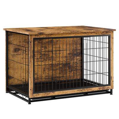 Vongrasig Dog Crate Furniture, Side End Table, Modern Wooden Kennel for Dogs Indoor, Heavy-Duty Dog Cage with Multi-Purpose Removable Tray, Double-Door Dog House, Rustic Brown