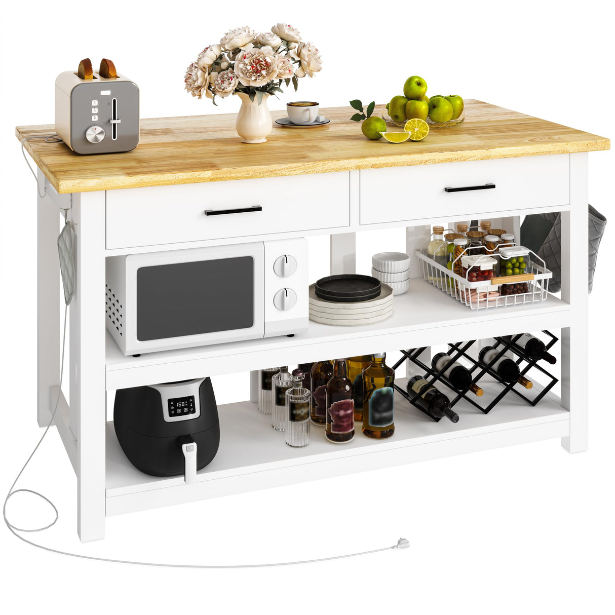 47.3" Solid Rubberwood Kitchen Island with Power Outlets - Extra Large Work Surface, 2 Drawers & Open Shelves Storage Cabinet for Kitchen Dining Room, Farmhouse Style (White) DynJest