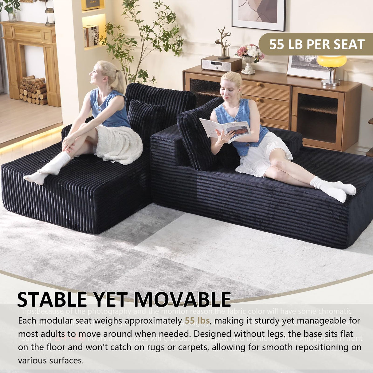 Oversized 79” Double Chaise Lounge Sofa Bed, Deep Seat Corduroy Cloud Loveseat Chair, No Assembly, Plush Upholstered Sleeper for Living Room or Bedroom (Black) WHGBJA