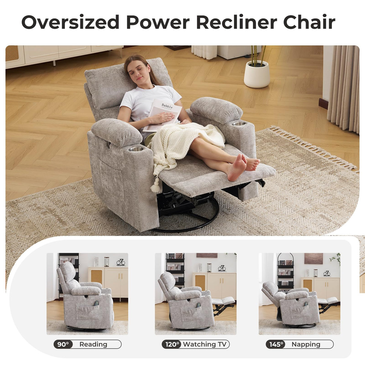 Oversized Power Recliner Chair Swivel Glider with Massage and Heat, Swivel Rocker Recliner with Adjustable Armrests, 26" Nursery Chair with Adjustable Headrest, Rocker Nursery Recliner, Light Grey Rhevoy