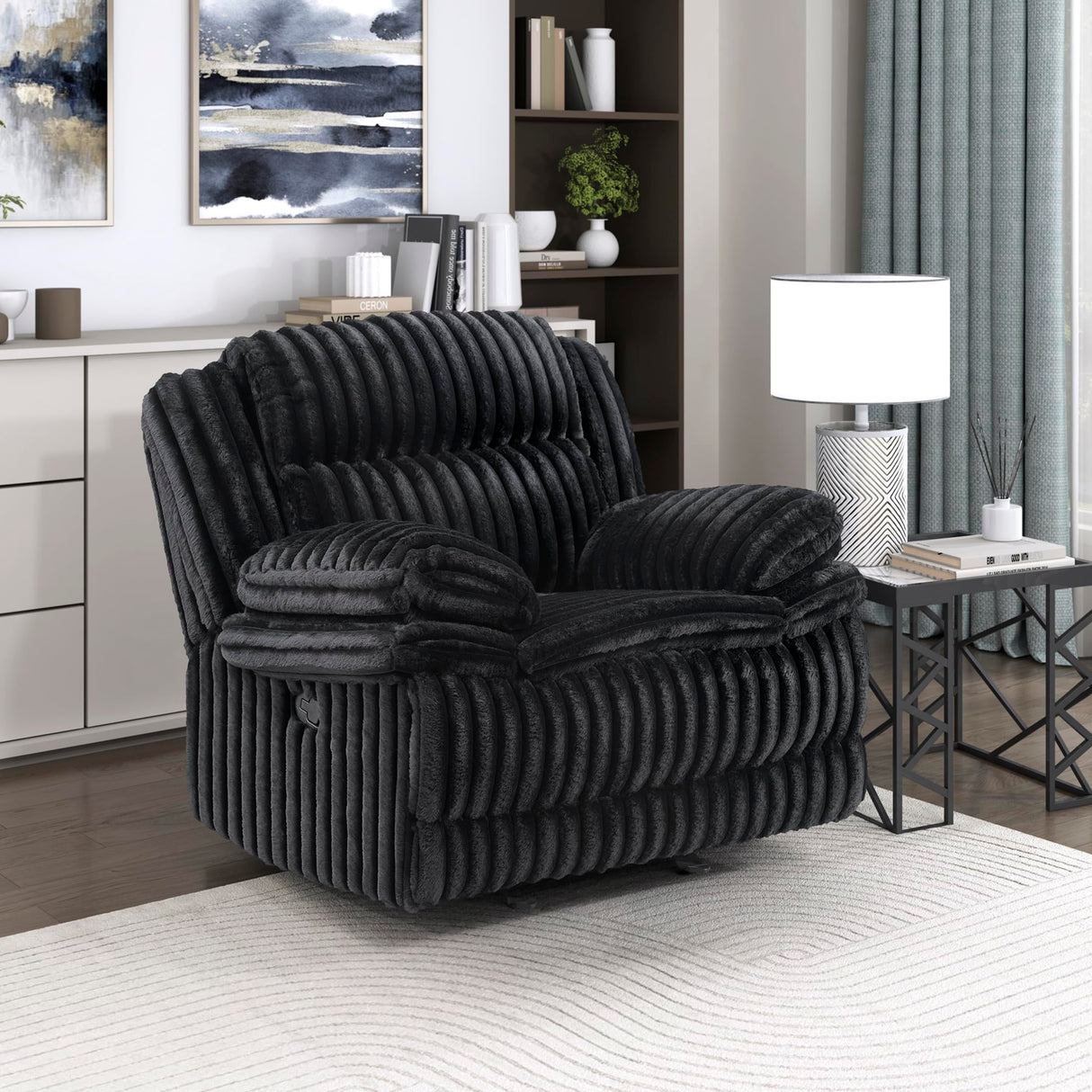 Lexicon Manual Glider Recliner Chair, Corduroy Manual Tab Pull Reclining Chair with Pillow Top Arms, Plush Cushions, Cozy Theater-Style Accent for Living Room/Bedroom, Easy Assembly, Black Lexicon