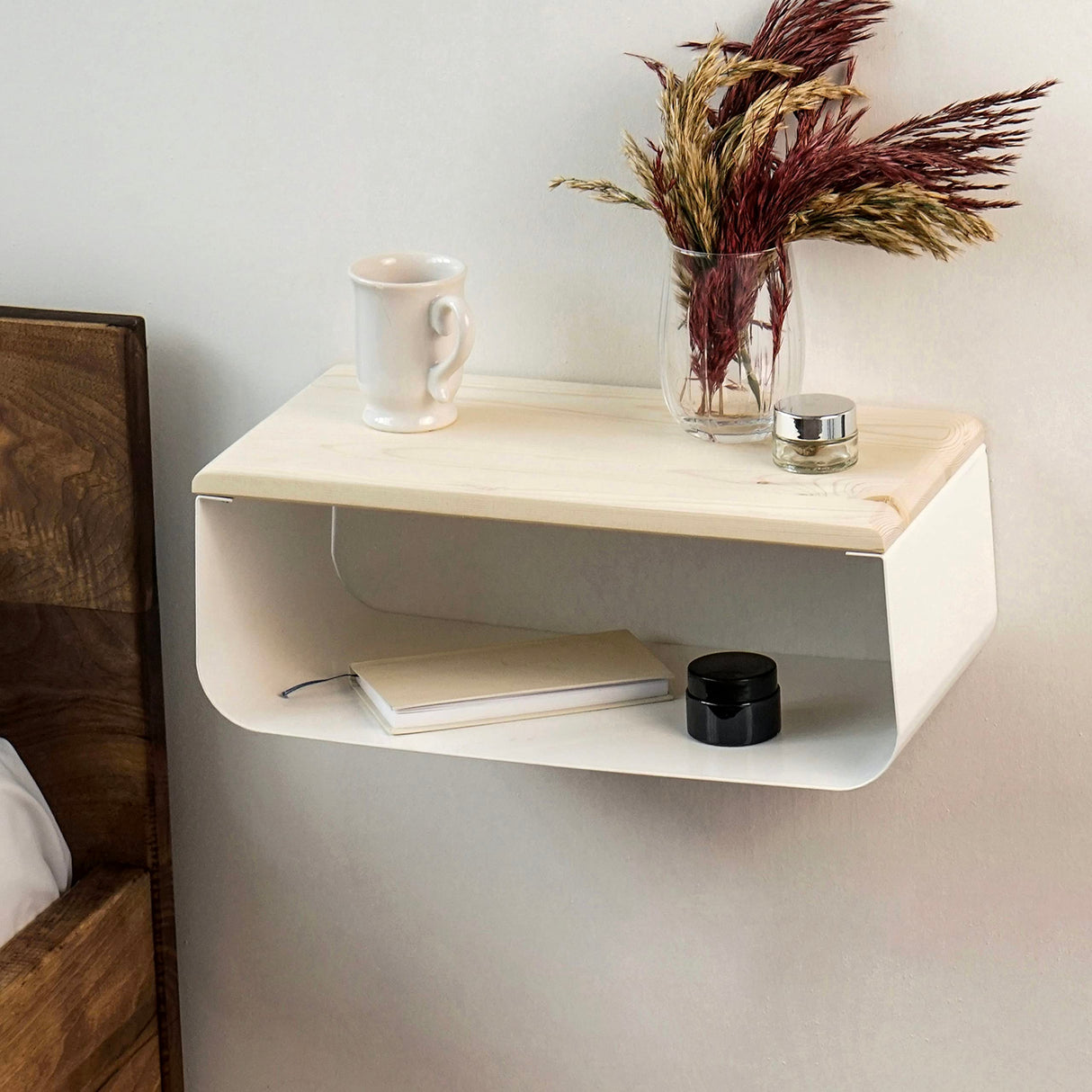 Floating Nightstand with Spruce Top | Modern Bedroom Decor | Minimalist Wall-Mounted Bedside Nightstand| Wall Mounted Shelf | Cloudy Oasis: Serene White Ultimate Premium Products