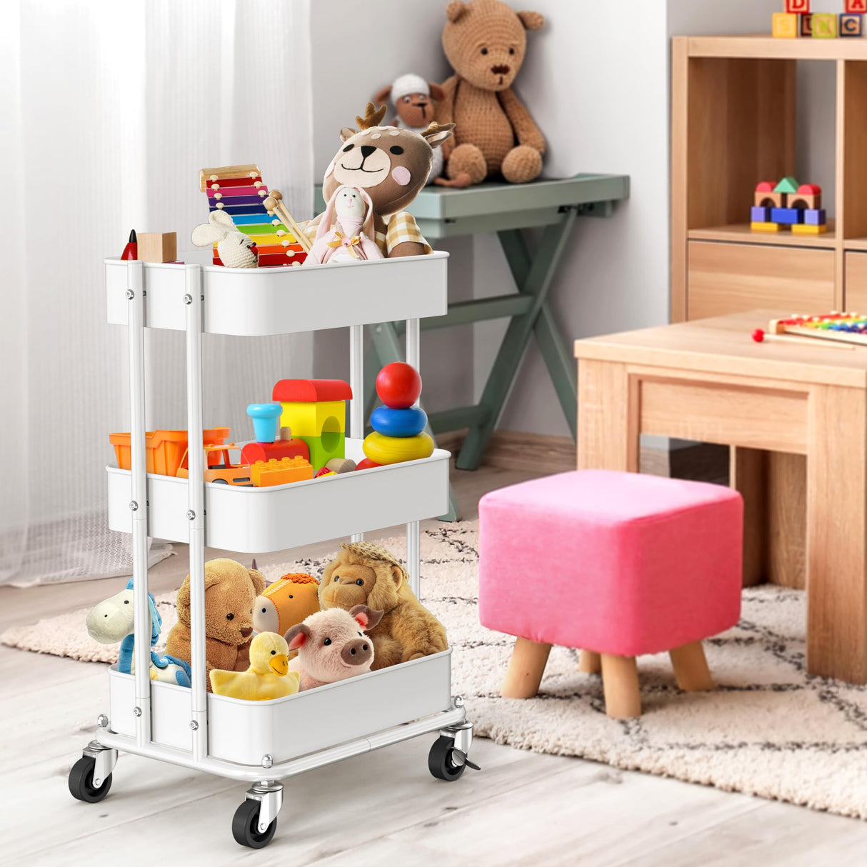 Simple Houseware 3-Tier Compact Utility Rolling Cart, Low 24” Height Fits Under Desk, Space-Saving Storage for Home Office, Dining Room, or Kitchen, White Simple Houseware