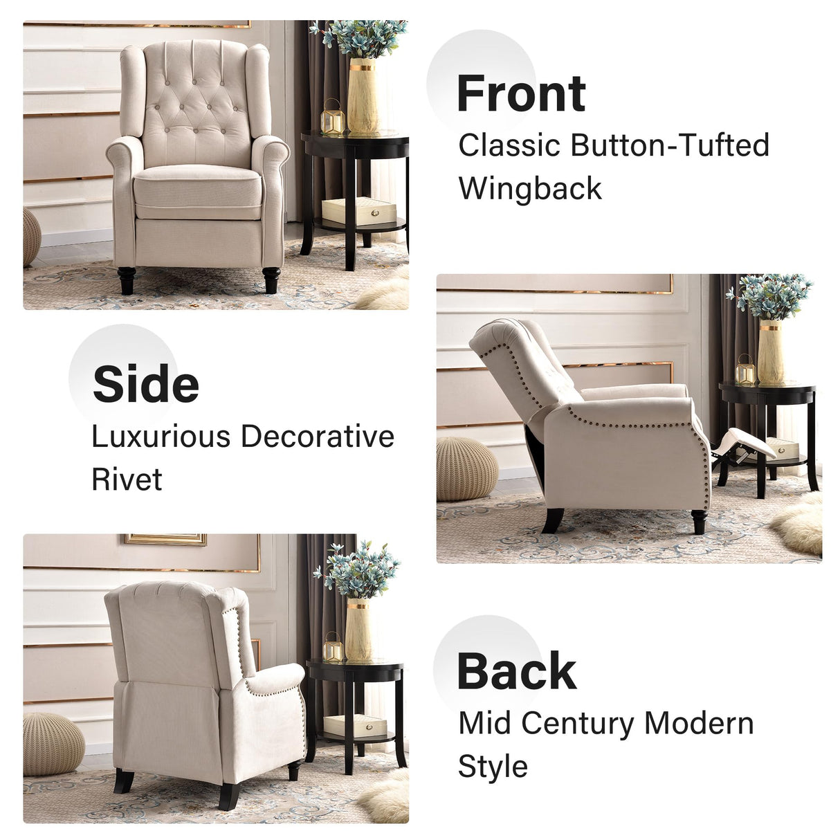 Bonzy Home Push Back Recliner Chair, Mid Century Modern Wingback Chair, Comfy Armchair Fabric Living Room Chairs with Rivet Decoration, Button-Tufted Back, Solid Wood Legs, Beige Bonzy Home