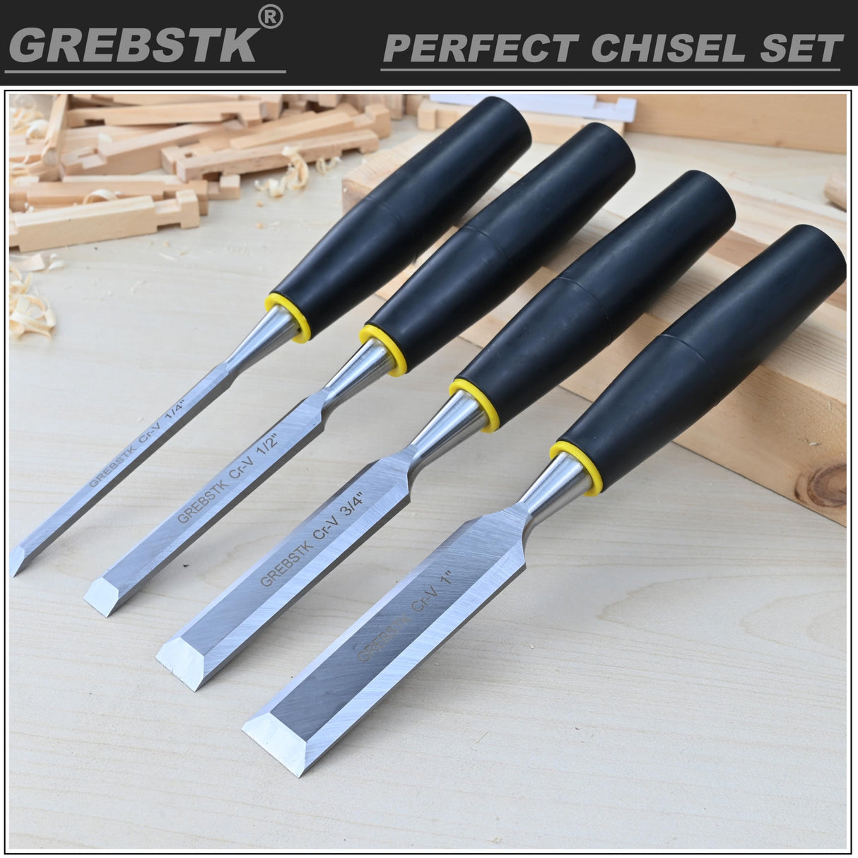 GREBSTK 4 Piece Wood Chisel Set for Woodworking, Professional CR-V Steel Bevel-Edge Bench Chisels, Extra Large High Impact Handle GREBSTK