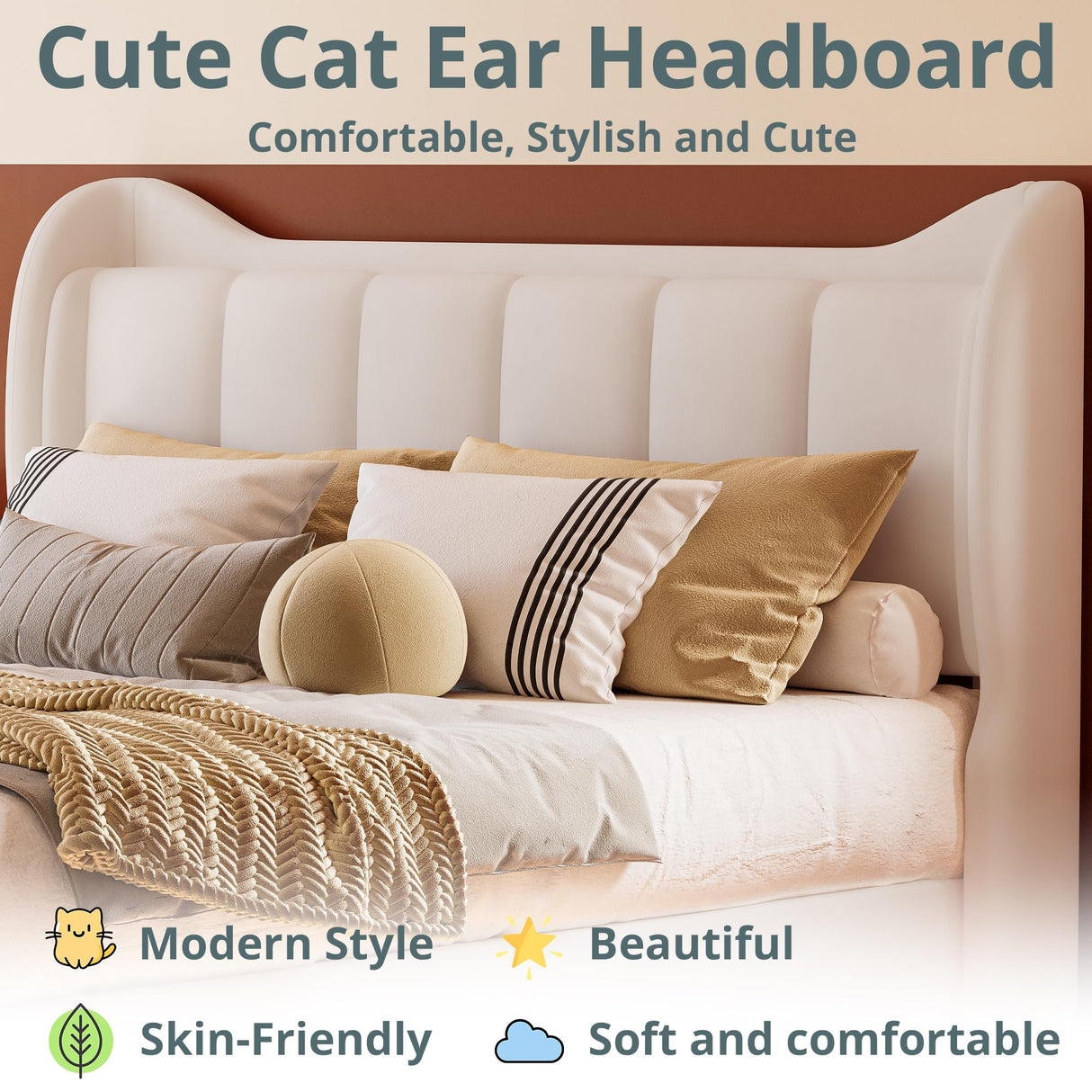 LIKIMIO Cream Floating King Bed Frame with Cat Ear Headboard & LED Lights LIKIMIO