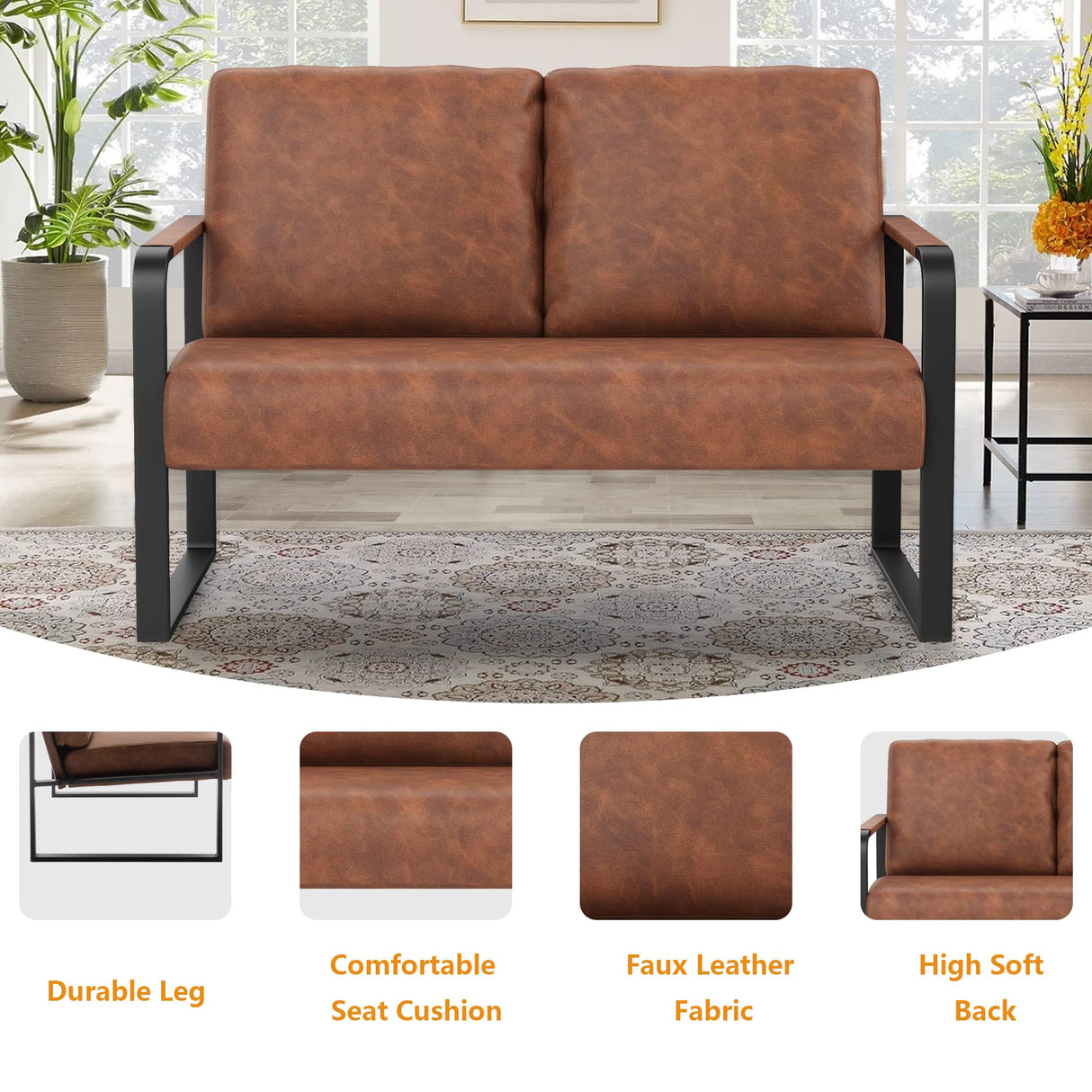 POINTANT Love Seat Mini Couch Small Settee Loveseat Bench for Living Room, Faux Leather Loveseat Sofa Small Sofa Couches for Small Spaces with Padded Cushion, Mid Century Modern Dark Brown Love Seats POINTANT