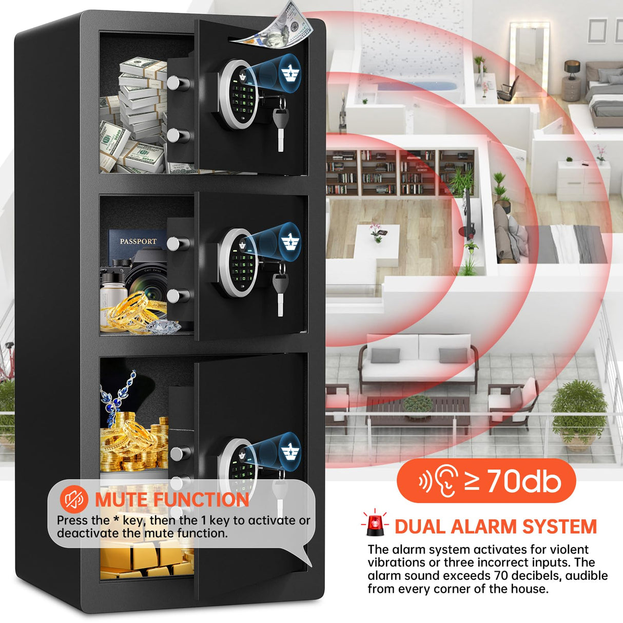 Safe, 8.0 Cu ft Extra Large Home Safe Box Fireproof Waterproof with Triple Door, Digital Safe with Deposit Slot, Key Hook & Adjustable Shelf, Money Safes with Backlit Keypad & Dual Alarm for Home Omethey