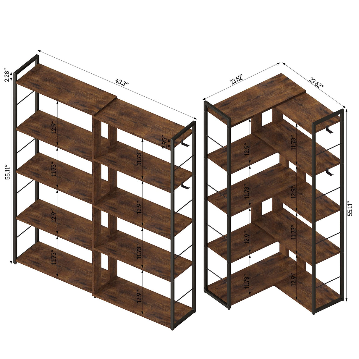 RKVPCNE 5 Tier L Shaped Bookshelf Wood Bookcase with 2 Hooks Modern Corner Bookshelf Library Industrial Shelving Book Case Adjustable Book Shelves for Bedroom Living Room Home Office Rustic Brown RKVPCNE