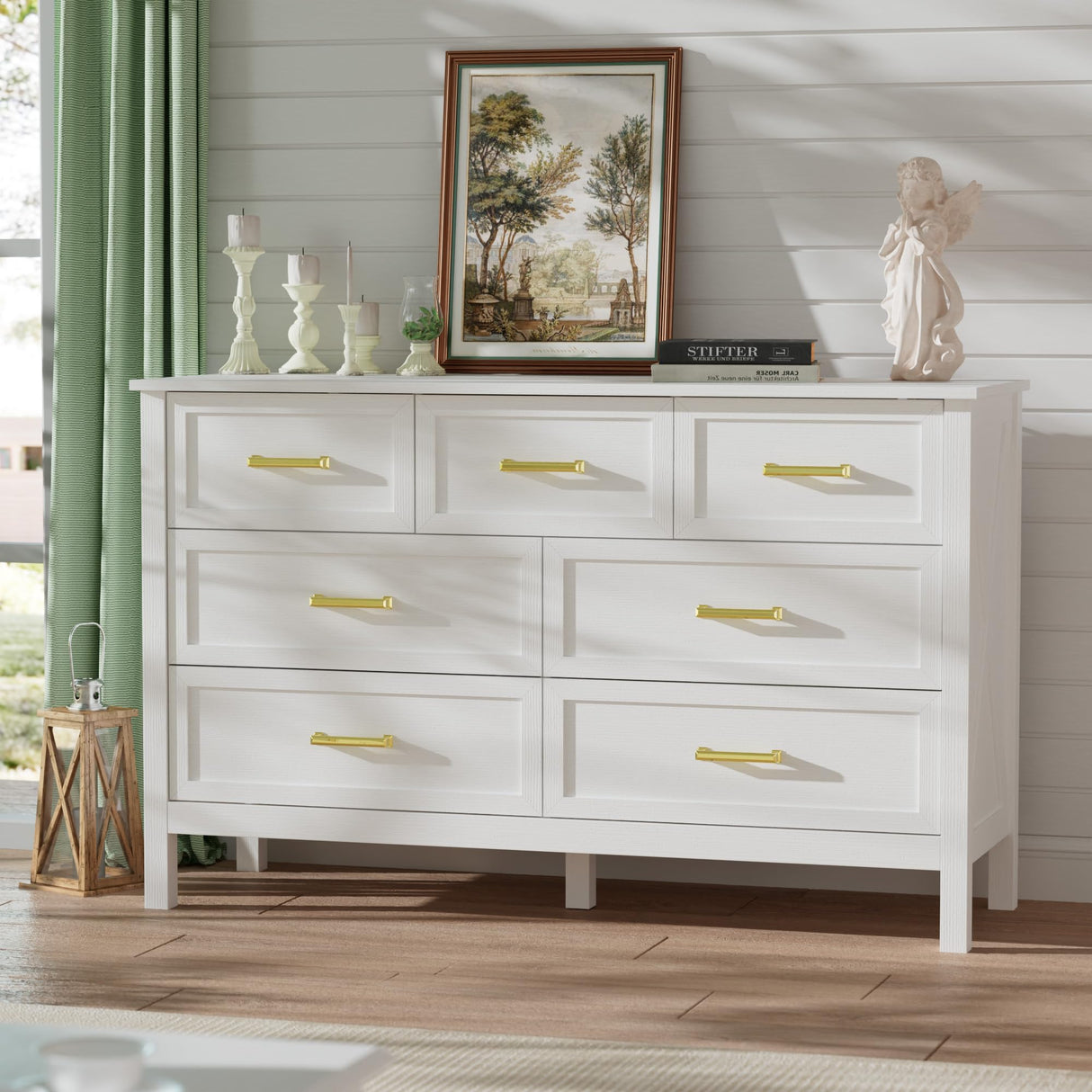 LYNSOM Farmhouse 7 Drawers Dresser for Bedroom, Wood Rustic Wide Chest of Drawers with Deep Drawers, Metal Handle, Storage Dressers Organizer for Entryway, Hallway, White LYNSOM