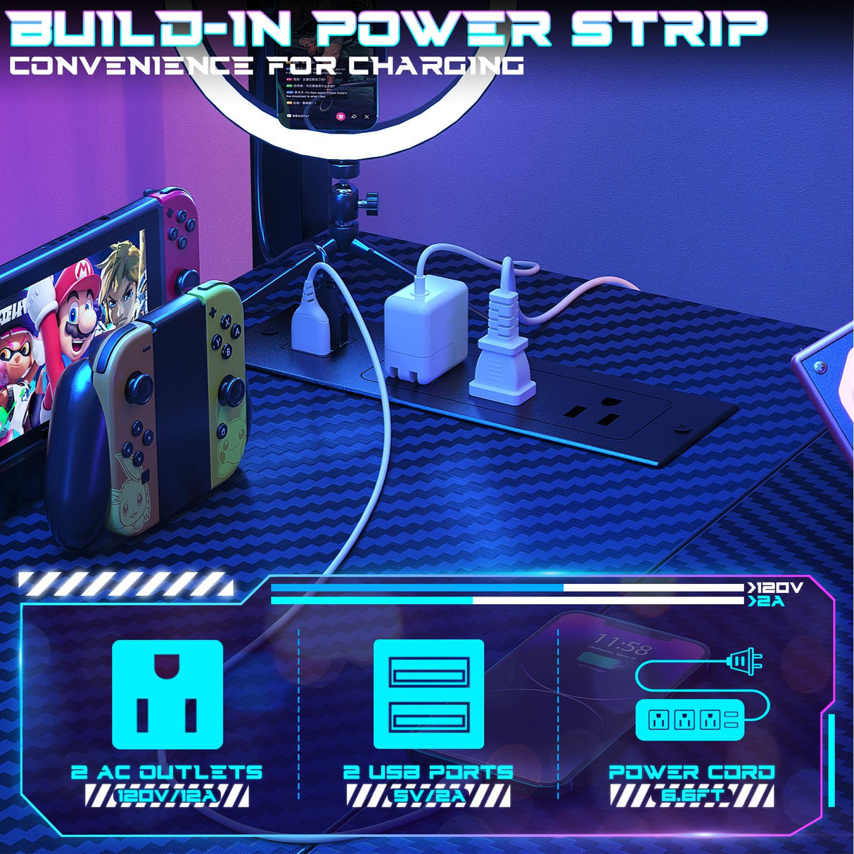 Homieasy Small Gaming Desk with Power Outlets Pegboard LED Light, 51 Inch L Shaped Computer Desk with Monitor Stand Storage Shelves, Reversible Corner Desk with Headset Hooks, Carbon Fiber Black Homieasy