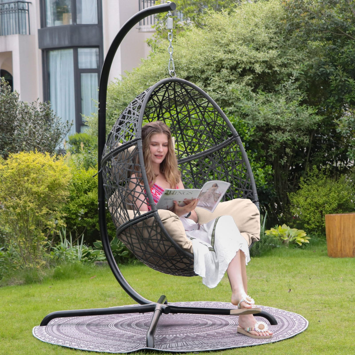 NICESOUL Oversized Patio Swing Egg Chair, Cozy Bird Cage Hanging Basket Chairs with Stand, Indoor Outdoor Large Rattan Swinging Chair, 450 lbs Sturdy Egg-Shape Padded Seat for Balcony Outside, Beige NICESOUL