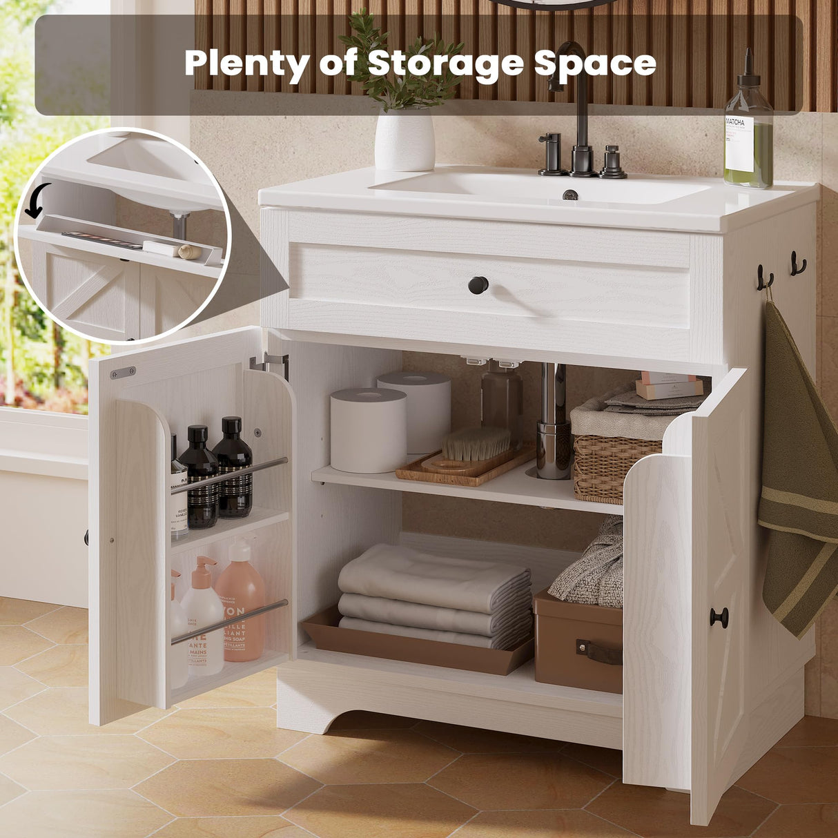 30 Inch Bathroom Vanity with Sink - Farmhouse Single Sink Cabinet, Adjustable Shelves & Ceramic Basin, Bathroom Sink Cabinet for Guest Baths Master Suites or Rental Units (White) ModernMate