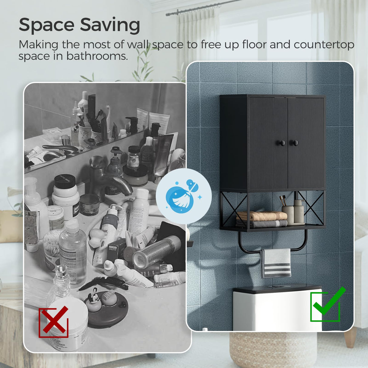 MAHANCRIS Bathroom Wall Cabinet with 2 Door and Adjustable Shelf, Farmhouse Medicine Cabinet with Towel Rack, 3-Tier Wall Mounted Storage Cabinet Over The Toilet for Bathroom Laundry Room, Black MAHANCRIS