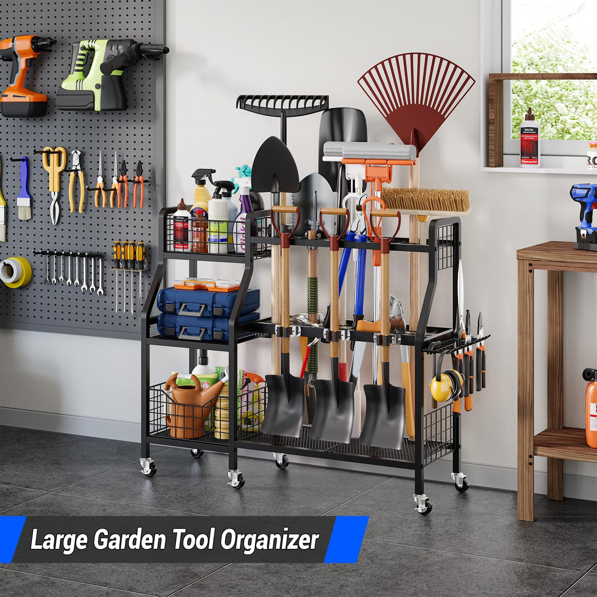 keomaisyto Garden Tool Organizer with 6 Wheels(3 lockable), Heavy Duty Yard Tool organizer with 2 Basket, Large Metal Garage Tool Organization and Storage for Garage/Shed/Yard/Broom Closet/Lawn keomaisyto