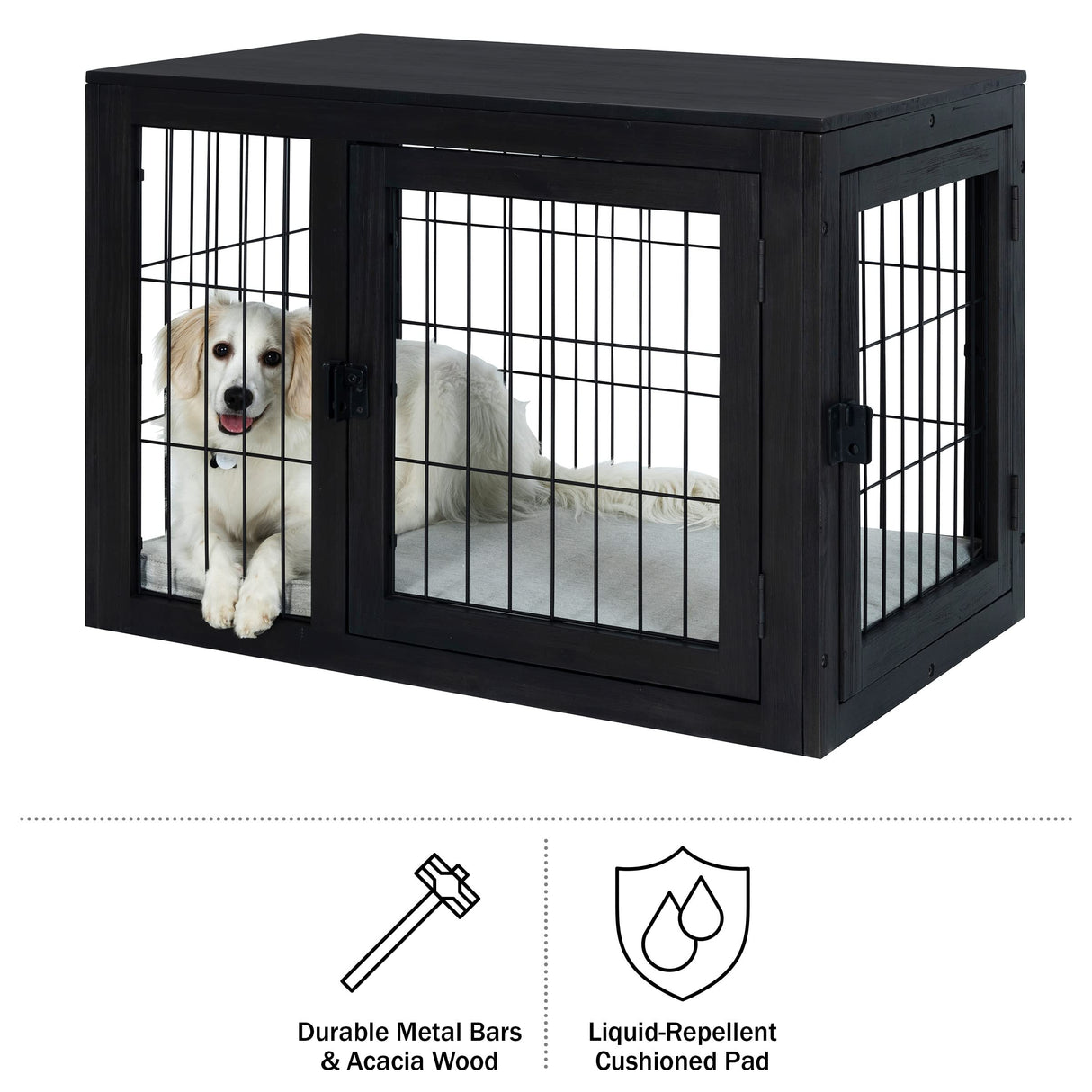 Furniture-Style Dog Crate - Acacia Wood Kennel for Medium Dogs with Double Doors and Cushion - Dog Cage Furniture by PETMAKER (Black) PETMAKER