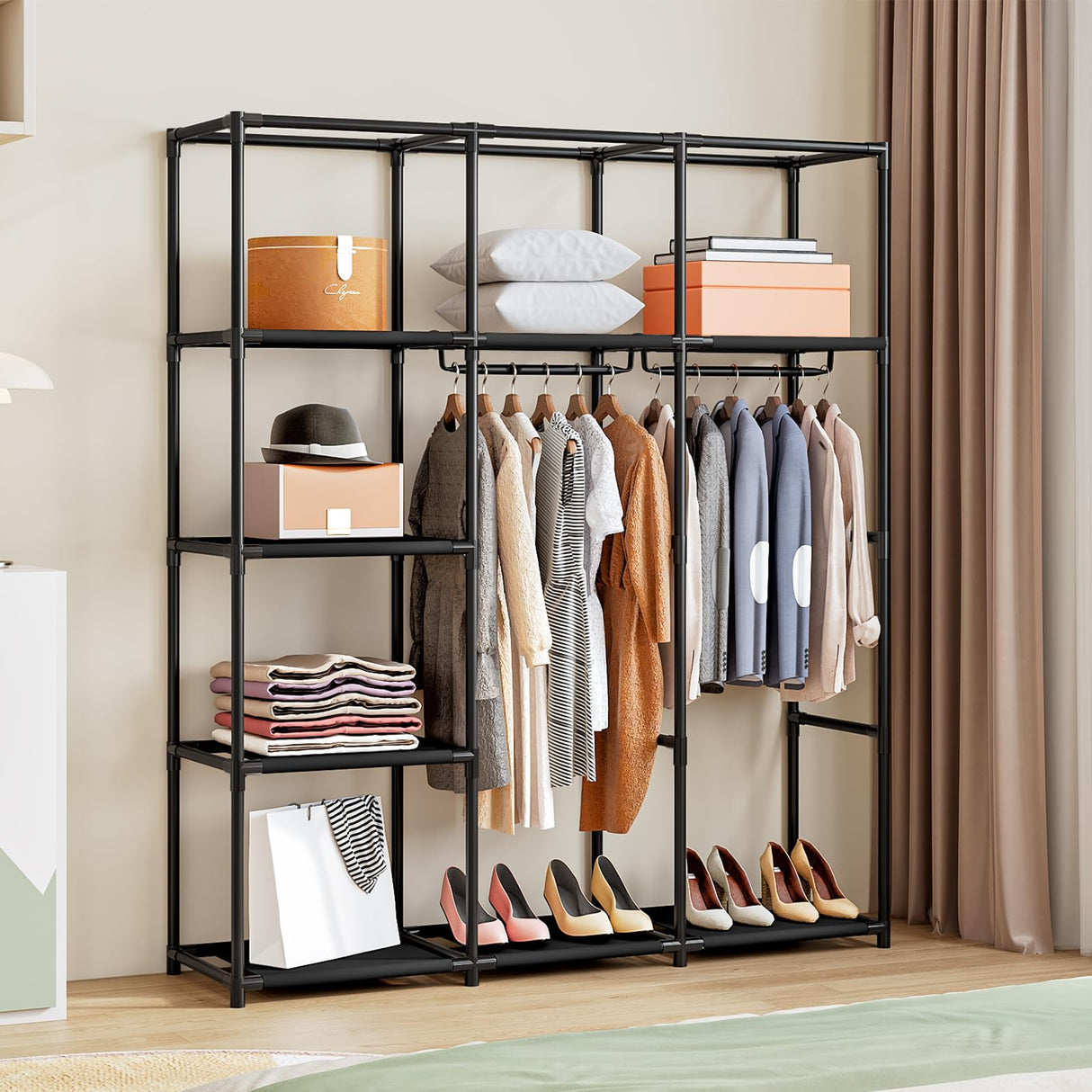 SORCEDAS Portable Wardrobe Closet Storage Organizer Metal Hanging Rack Non-Woven Fabric (Black, 51 Inch) SORCEDAS