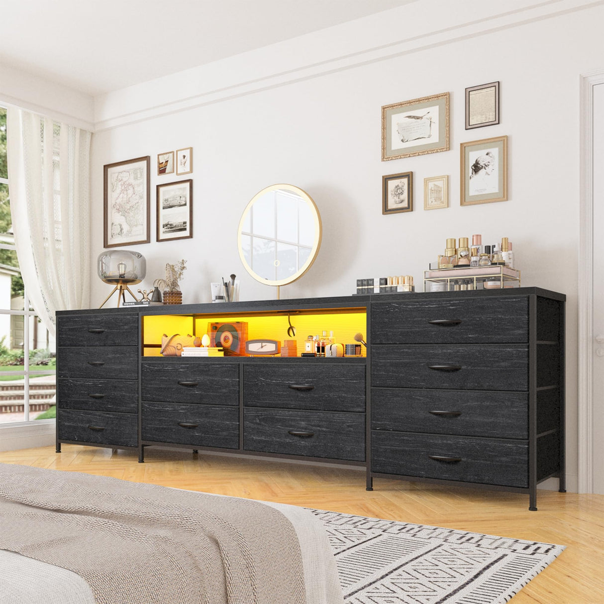 EnHomee Fits 75" TV Stand Dresser for 65 70 75 Inch TV 63"W Dresser TV Stand for Bedroom with LED Lights & Power Outlets & 12 Drawers Black Dresser for Bedroom Long Fabric Dresser Entertainment Center EnHomee