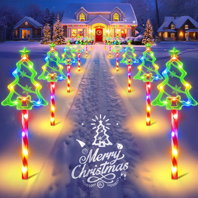 12 Pack Christmas Solar Pathway Lights Outdoor Decorations, 10 Modes Christmas Tree Candy Stake Lights with 156 Colorful LEDs, 29.5 FT Waterproof Solar Xmas Decor for Walkway Yard Lawn Porch Holiday