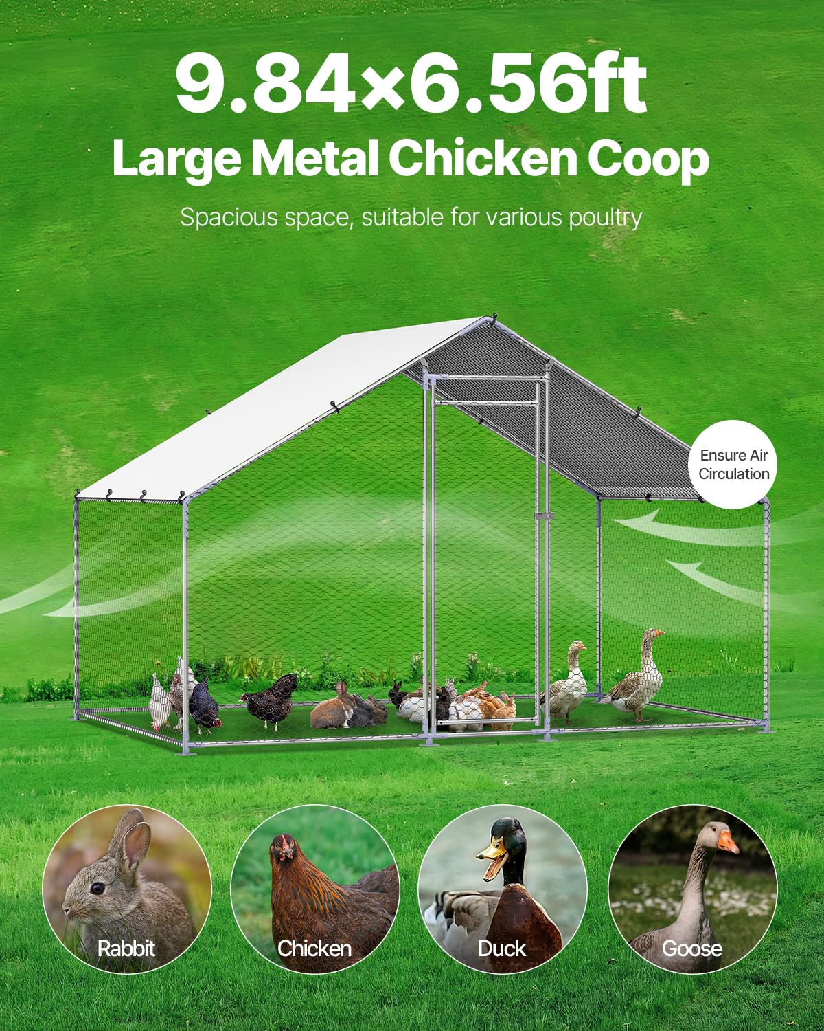 VEVOR Large Metal Chicken Coop with Run, Walkin Chicken Coop for Yard with Waterproof Cover, 6.5 x 9.8 x 6.5 ft, Spire Roof Large Poultry Cage for Hen House, Duck Coop and Rabbit Run VEVOR