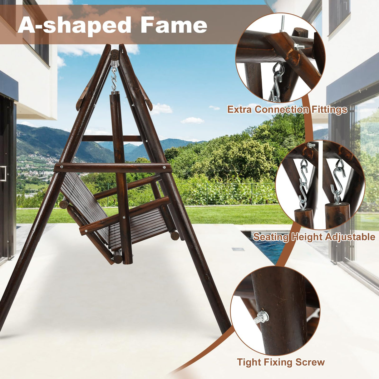 HOMEDIARY Wooden 2-Seat Porch Swing with A-Frame Stand, Outdoor Patio Swing Chair Bench w/Slatted Design, Outside Swing Bench w/550lbs High Capacity for Garden Patio Backyard Porch, Carbonized HOMEDIARY