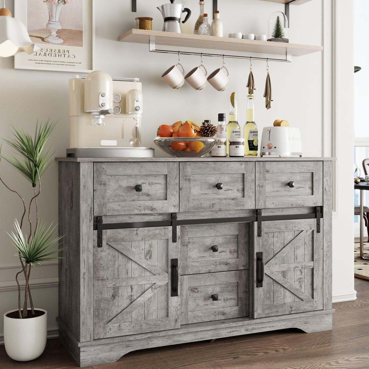 Vabches Farmhouse Sideboard Buffet Cabinet with Storage, Large Kitchen Sideboard Cabinet, Sliding Barn Doors and 5 Drawers, Adjustable Shelves, Coffee Bar Table for Dining Room, Light Rustic Oak Vabches