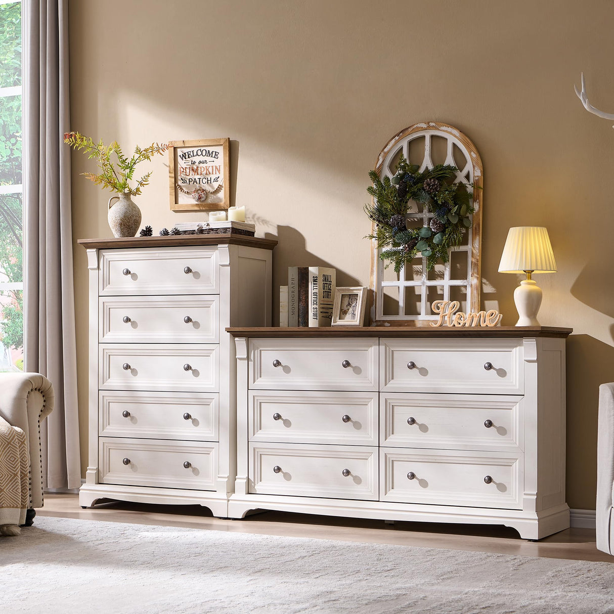 Farmhouse 6 Drawers Dresser for Bedroom, 54" Wide Large Dressers & Chests of Drawers w/Roman Column, Wooden Dresser TV Stand with Large Drawers for Nursery Bedroom Living Room Hallway, Antique White T4TREAM