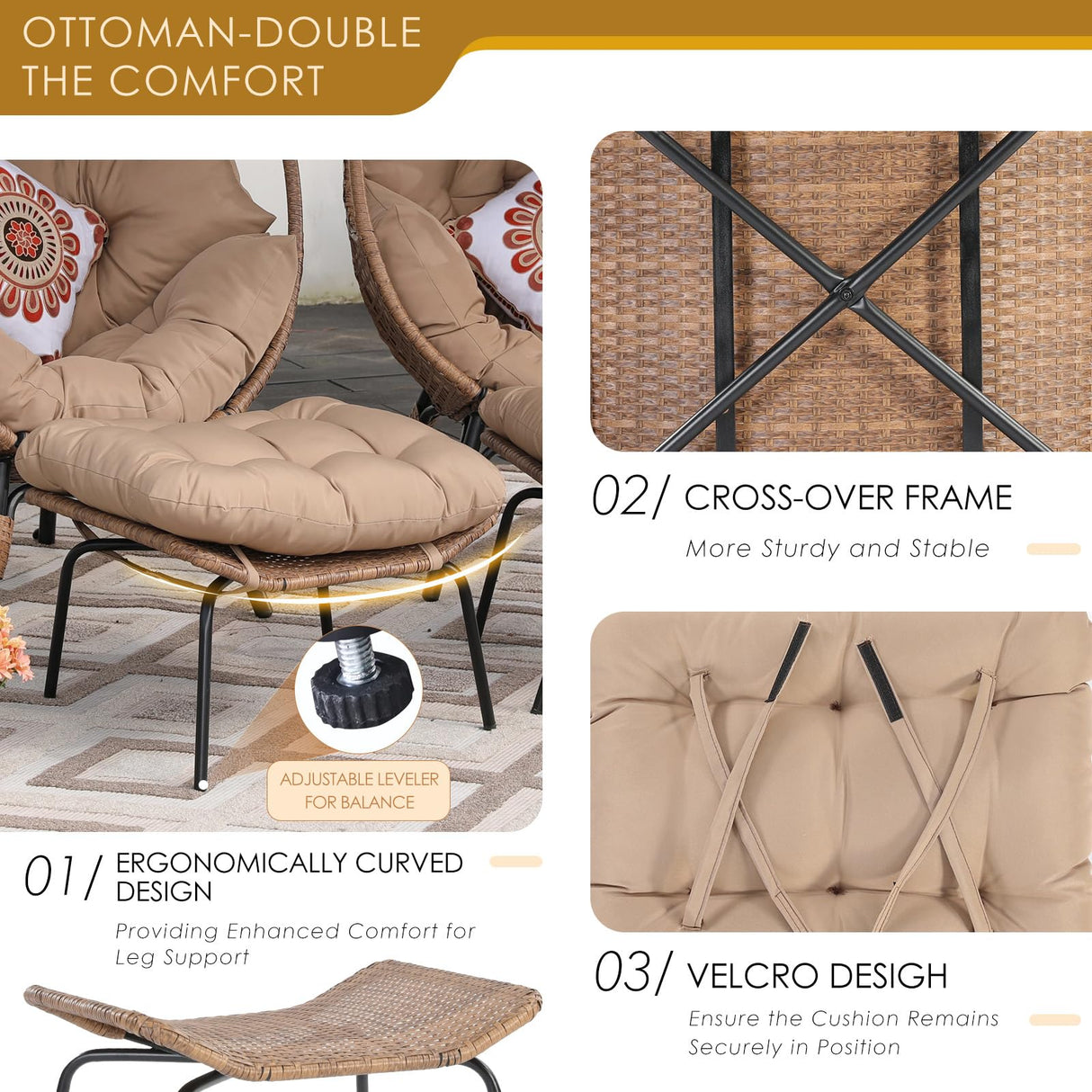 NICESOUL Indoor Outdoor Stationary Wicker Egg Chair w/Footrest, Extra Large Egg-Seat w/Cushion, 440lbs Egg-Shape Lounge Chair with Legs, Cozy Boho Rattan Chair for Patio, Balcony, Sunroom, Brown NICESOUL