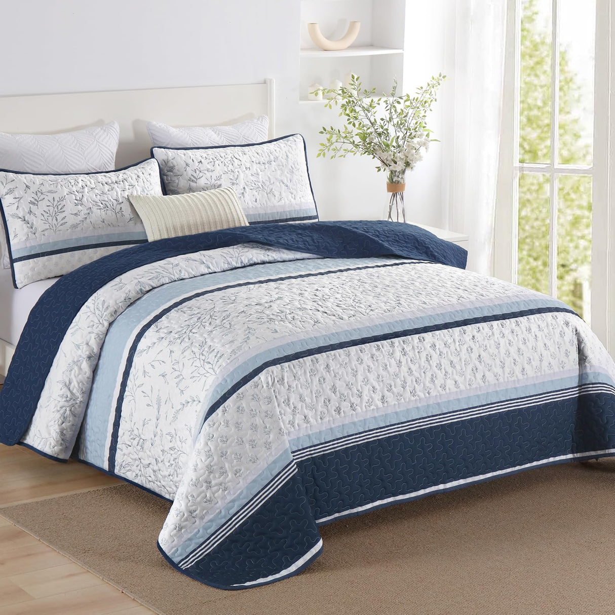 DJY Striped Quilt Set King Size, Navy Blue Boho Striped Patchwork Leaves Printed Bedspread Coverlet Set 3 Pieces Soft Lightweight Microfiber Quilted Bedding Set for All Season (104"x90") DJY