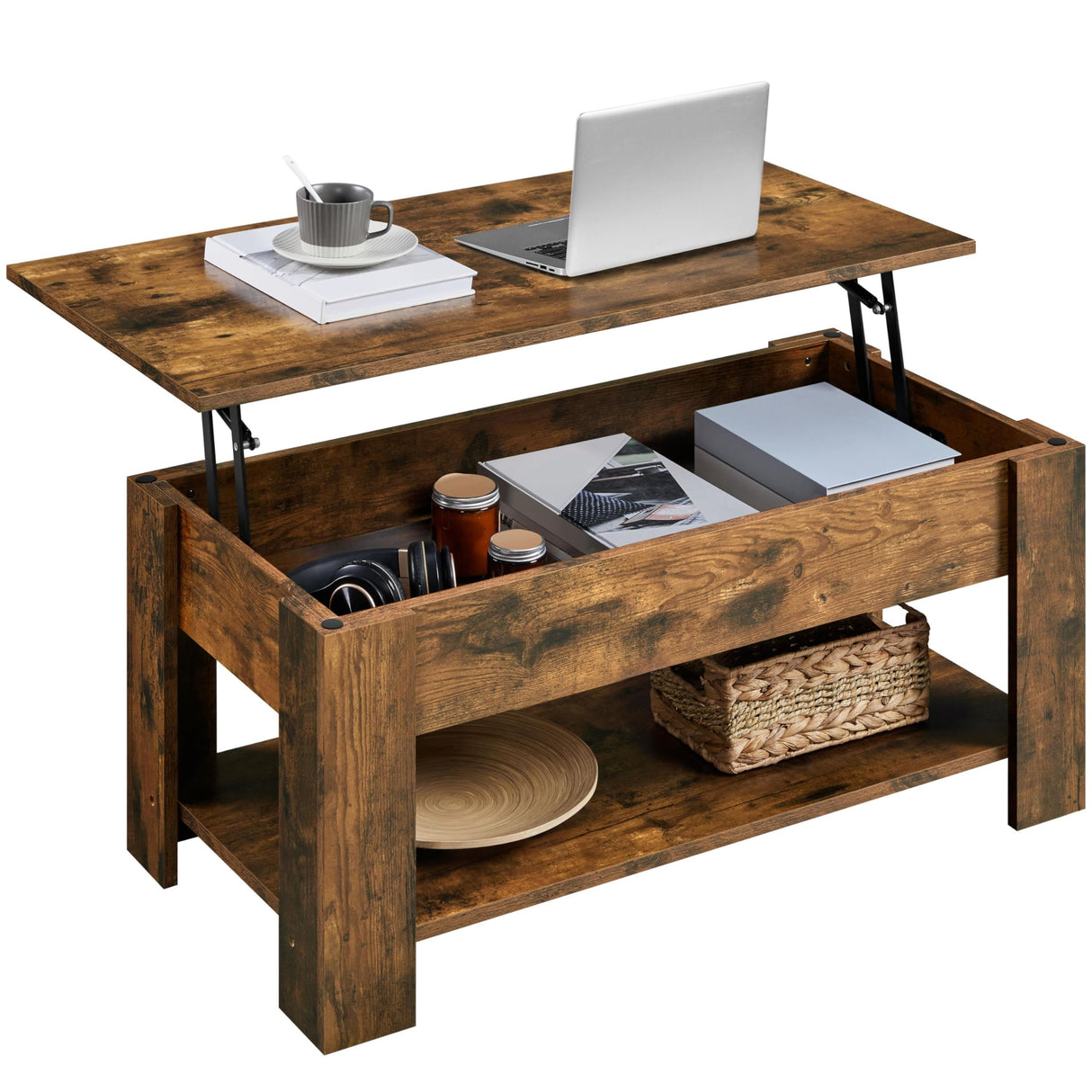 Yaheetech Vintage Coffee Table, Lift Top Coffee Table with Large Hidden Storage Shelf, Lift Tabletop Dining Table for Living Room, Home Small Space, 38.6in, Rustic Brown Yaheetech