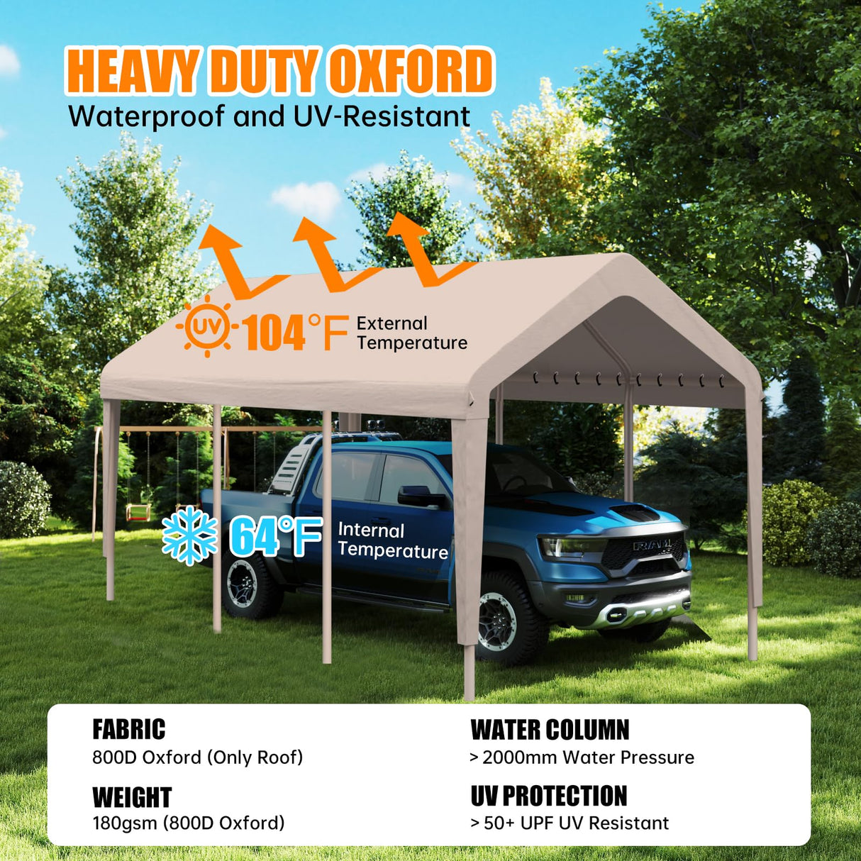 Carport Canopy 10'x20' Heavy Duty Replacement Cover, Garage Shelter Cover 800D Oxford Waterproof & UV Protected Tarp with Ball Bungees, Not Include Frame, Beige KAHLHAK