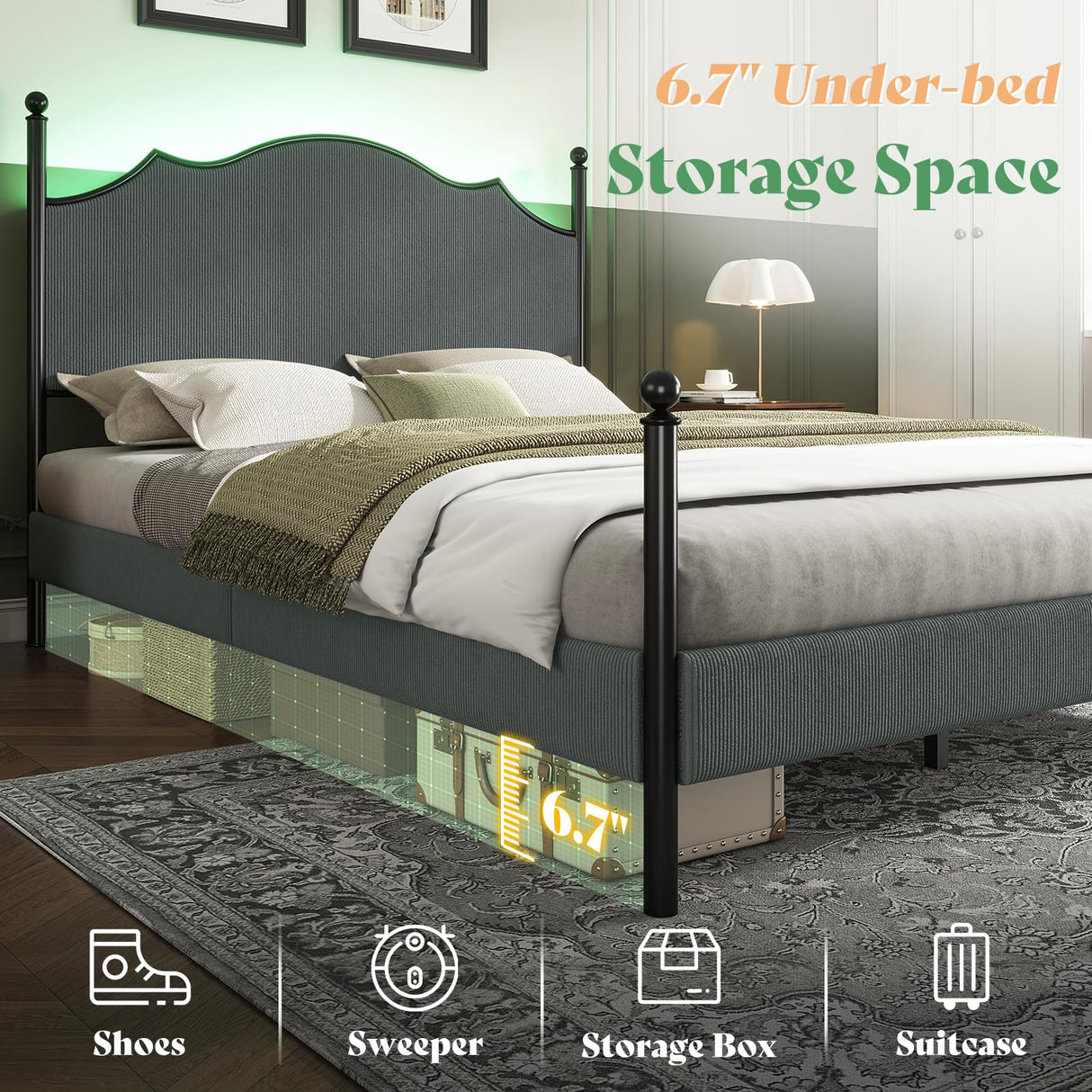 AMERLIFE Upholstered Full Size Bed Frame with 51.2" Tall Headboard, Metal Four Poster LED Beds for Bedroom, Easy Assembly, Wooden Slats, Dark Grey AMERLIFE