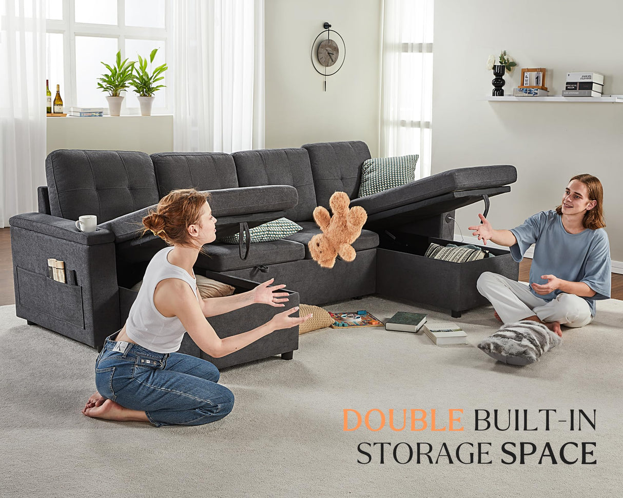 VanAcc Sleeper Sofa, 109 inch Sectional Sofa Bed with USB Charging Ports & Cup Holders, Pull Out Sofa Bed with Dual Storage Chaise, U-Shaped Bed Couch for Living Room, Dark Grey VanAcc