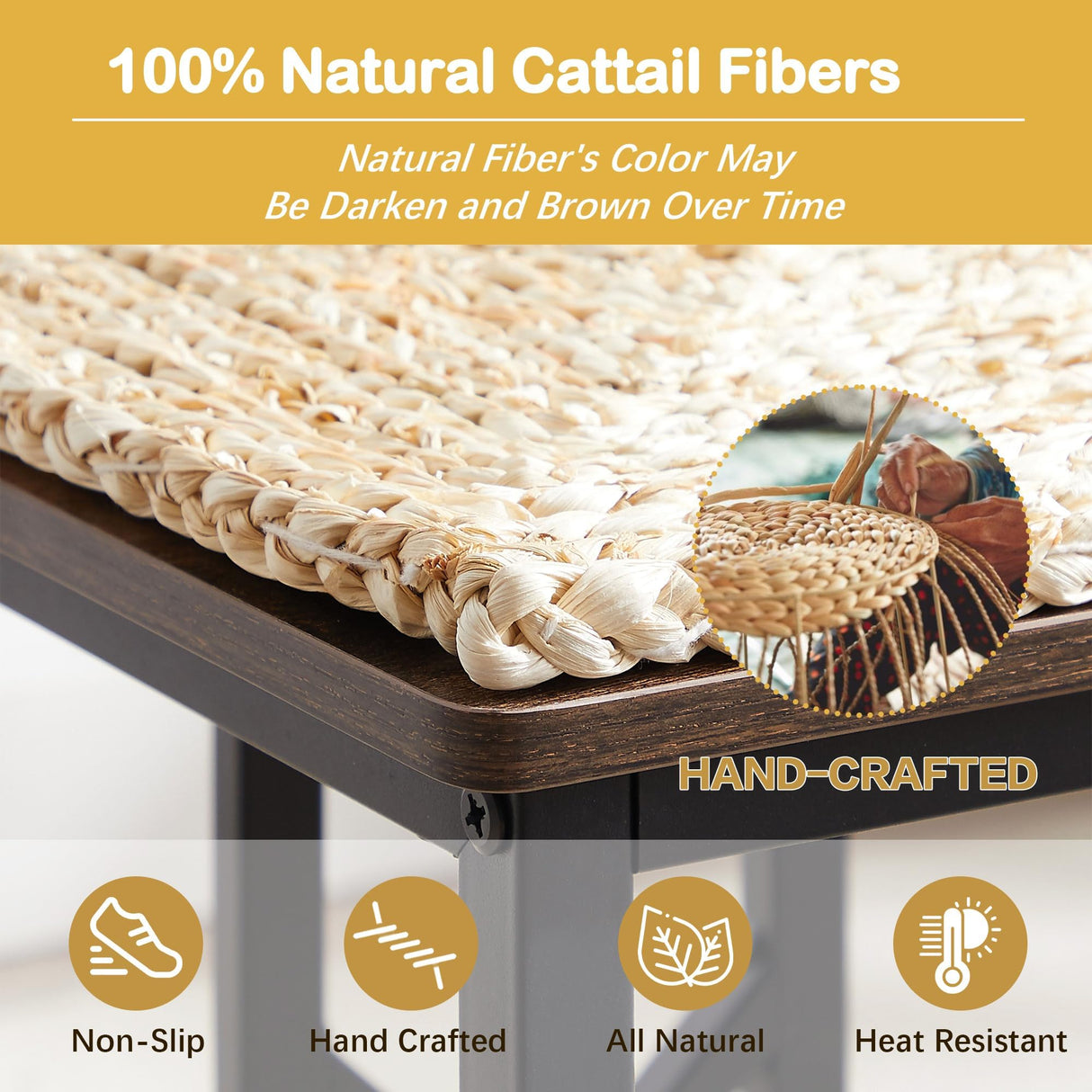 VECELO 43.3" Dining Table Sets, Farmhouse Small Kitchen Table for 4 with 3 Benches Wicker Mats,Metal Frame Space-Saving Adjustable Feets Coffee Table for Home Kitchen Dining, Dark Brown VECELO