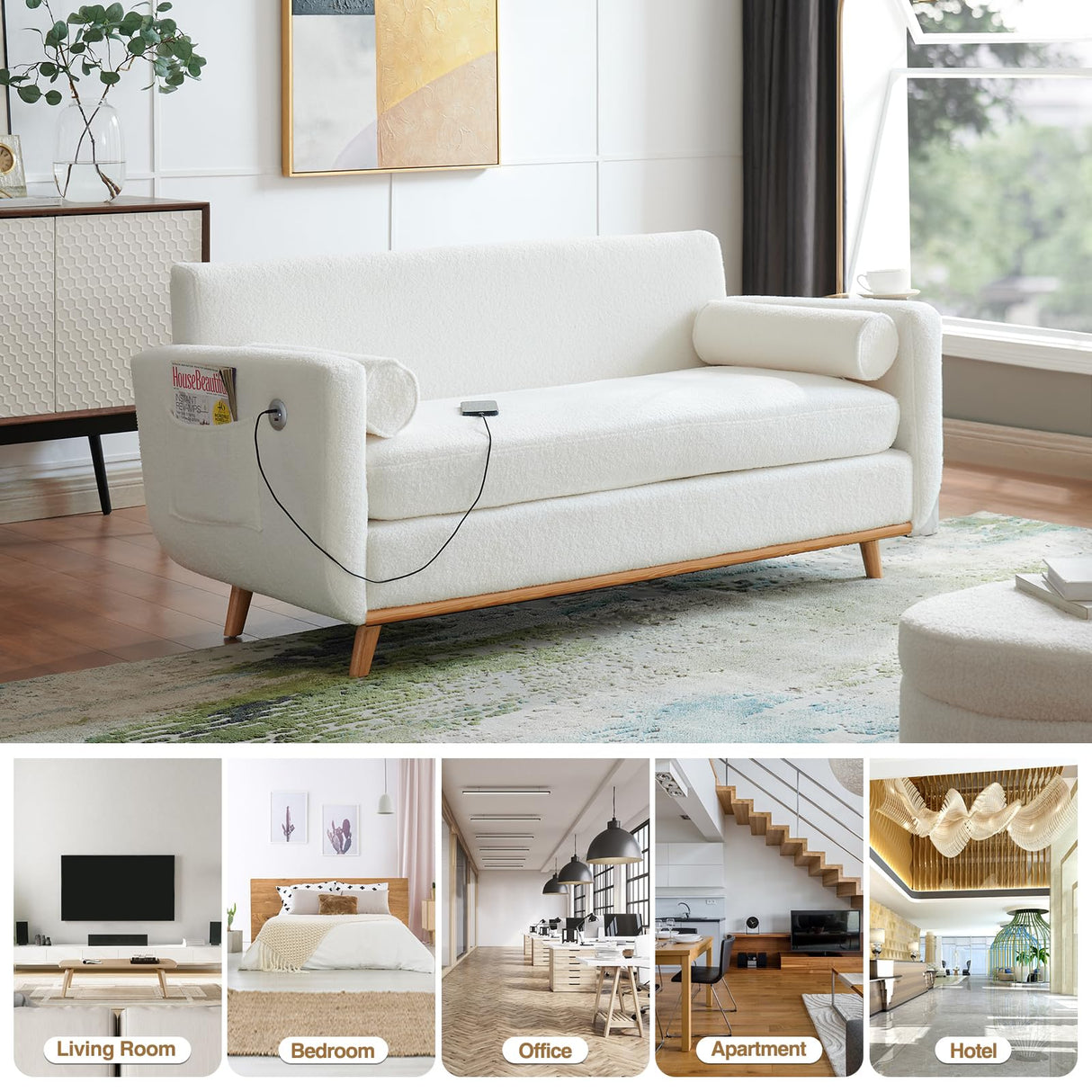 63" W Loveseat Sofa,White Boucle Couch with LED Lights and USB Ports Modern Fluffy Love Seat Couches 2 Seater Comfy All-Wood Washable Covers Sofa Furniture for Bedroom Living Room Small Space Office FiveWillowise
