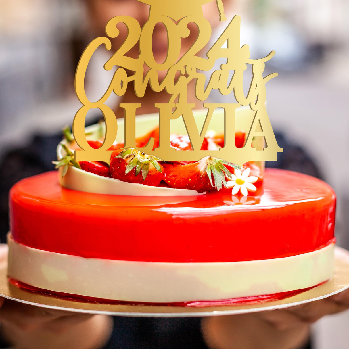 Personalized Graduation Cake Topper - Congrats Grad Cake Toppers w/Name and Date - Custom Wooden Cake Decorations, Class of 2024 Cake Topper for Graduation Party - 3 Wooden Options Customization Mill