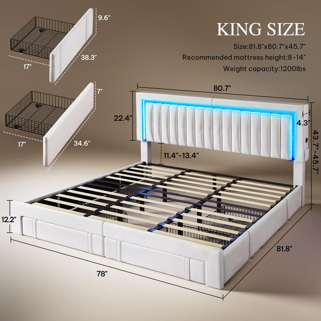 YITAHOME King Size Bed Frame with Adjustable Headboard, 4 Storage Drawers and RGB LED Lights, Velvet Upholstered Platform Bed with USB Ports, No Box Spring Needed, Fast Assembly, Noise-Free, White YITAHOME
