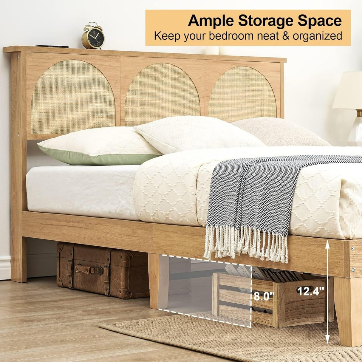 IDEALHOUSE LED Queen Bed Frame with Rattan Headboard and Underbed Storage IDEALHOUSE