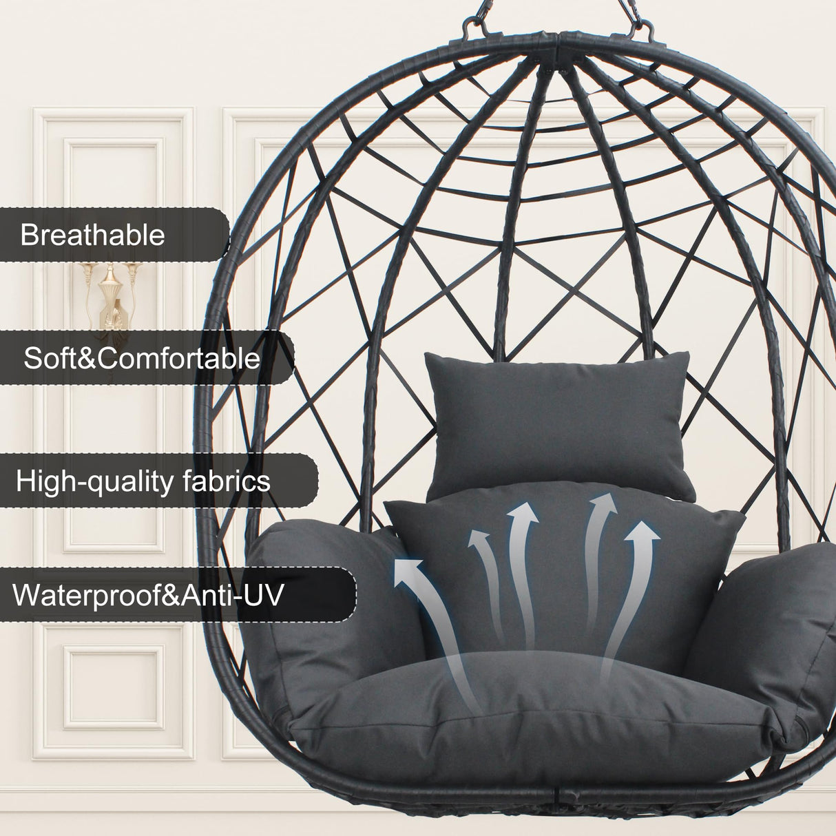 LUTINLIX Wicker Egg Chair Outdoor Indoor,Foldable Patio Hanging Egg Chair with Stand,Swing Chair with UV Resistant Cushion 350lbs Capacity for Bedroom, Patio, Garden and Balcony (Black+Dark Grey) LUTINLIX