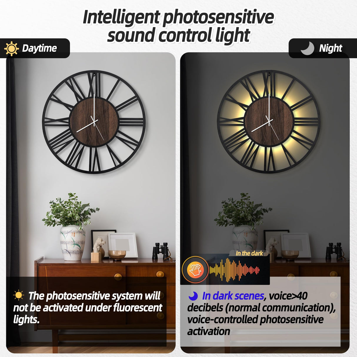 LEIKE Large Wall Clocks with Night Light Battery Operated,Silent Non Ticking,Rustic Modern Big Wood Clock for Living Room, Bedroom,Kitchen,Farmhouse,Office,Home Decor-20 Inch(Roman Numerals) LEIKE