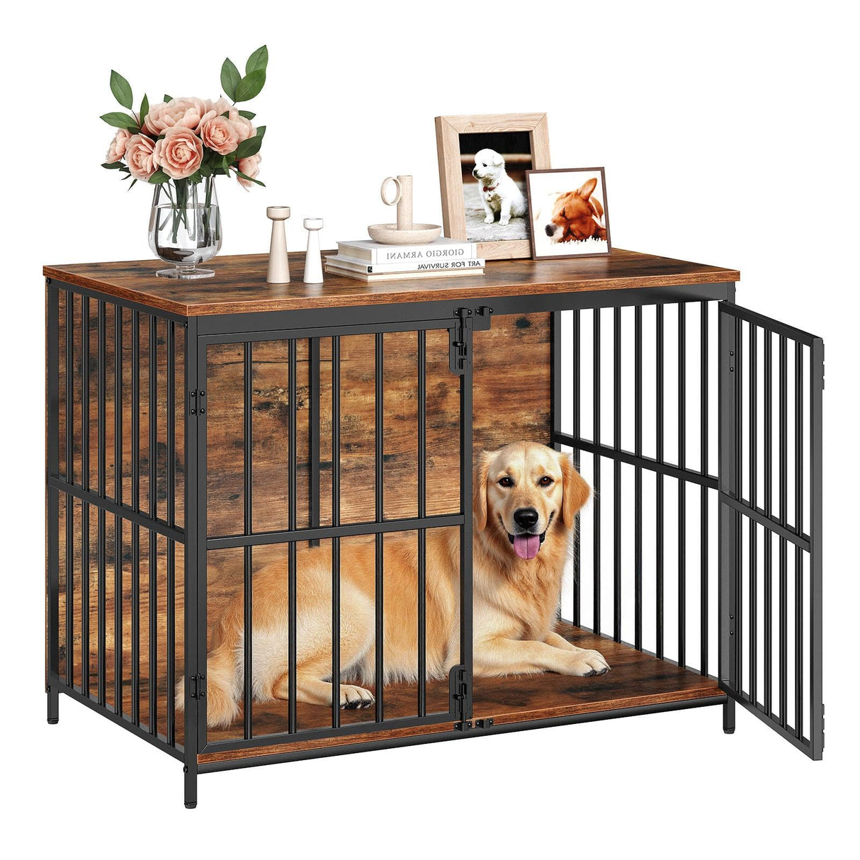HOOBRO 38.6" Dog Crate Furniture, Wooden Indoor Dog Kennel, Decorative Dog Crate End Table, Chew-Resistant Heavy Duty Dog Crate for Small/Medium Dog, Rustic Brown and Black BF100GW03 HOOBRO